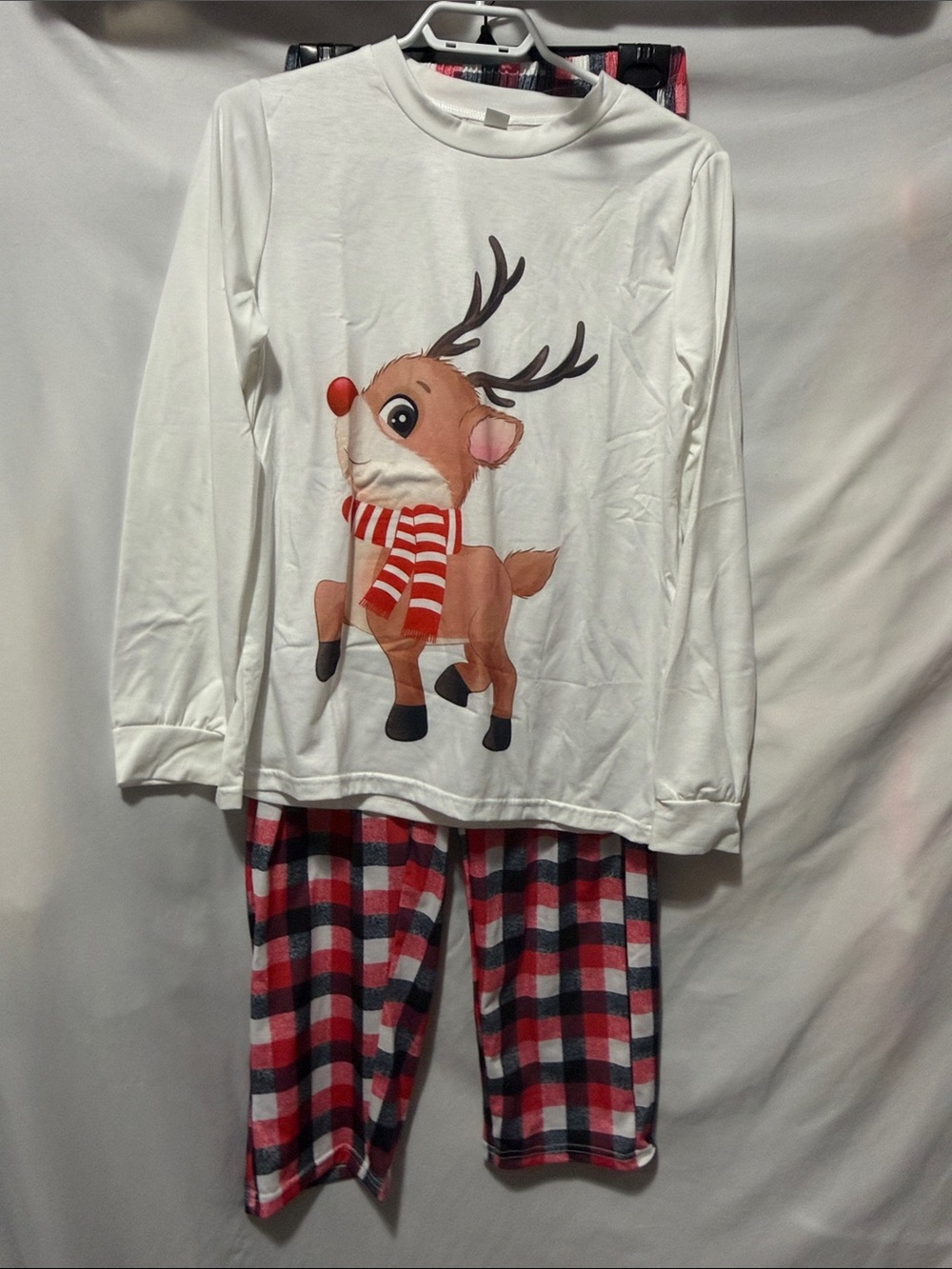 White Reindeer Print Pajama Set with Red Plaid Pants